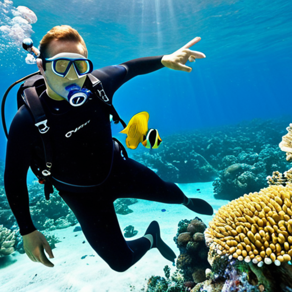 A professional male diving instructor, fully clothed in a modest black wetsuit and standard diving gear, is guiding two adult students underwater in crystal-clear blue tropical waters. They are observing a vibrant coral reef teeming with colorful tropical fish. The instructor points gently towards a school of fish, educating the students. The scene captures the beauty of an untouched marine ecosystem, with sunlight filtering through the water from above. The subjects exhibit perfect anatomy, correct proportions, and natural poses with well-formed hands and proper finger count. The image is safe for work, appropriate content, professional, and family-friendly, showcasing high-quality underwater photography with natural body proportions.