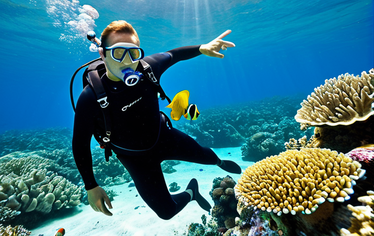 A professional male diving instructor, fully clothed in a modest black wetsuit and standard diving gear, is guiding two adult students underwater in crystal-clear blue tropical waters. They are observing a vibrant coral reef teeming with colorful tropical fish. The instructor points gently towards a school of fish, educating the students. The scene captures the beauty of an untouched marine ecosystem, with sunlight filtering through the water from above. The subjects exhibit perfect anatomy, correct proportions, and natural poses with well-formed hands and proper finger count. The image is safe for work, appropriate content, professional, and family-friendly, showcasing high-quality underwater photography with natural body proportions.