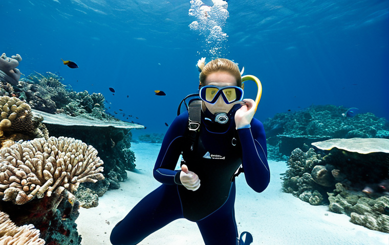 **Prompt for Professional Diving Instructor - Underwater Skill Demonstration:**
A professional female diving instructor, fully clothed in a modest, dark blue full-body wetsuit and complete professional diving gear, suspended effortlessly underwater with perfect buoyancy control. She is demonstrating a precise skill, using clear, exaggerated hand signals for a student (also fully clothed in appropriate diving gear) who is observing attentively. The underwater environment is clear and serene, with gentle light filtering from above, showcasing vibrant but distant coral formations. The instructor has perfect anatomy, correct proportions, well-formed hands, and a natural, focused pose. The image is safe for work, appropriate content, family-friendly, high-quality professional photography with natural lighting.